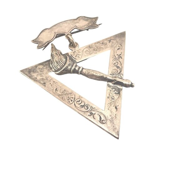 Vintage Silver Masonic Jewel Pin Brooch With Engraved Triangle and Torch  Emblem - Picture 3 of 10